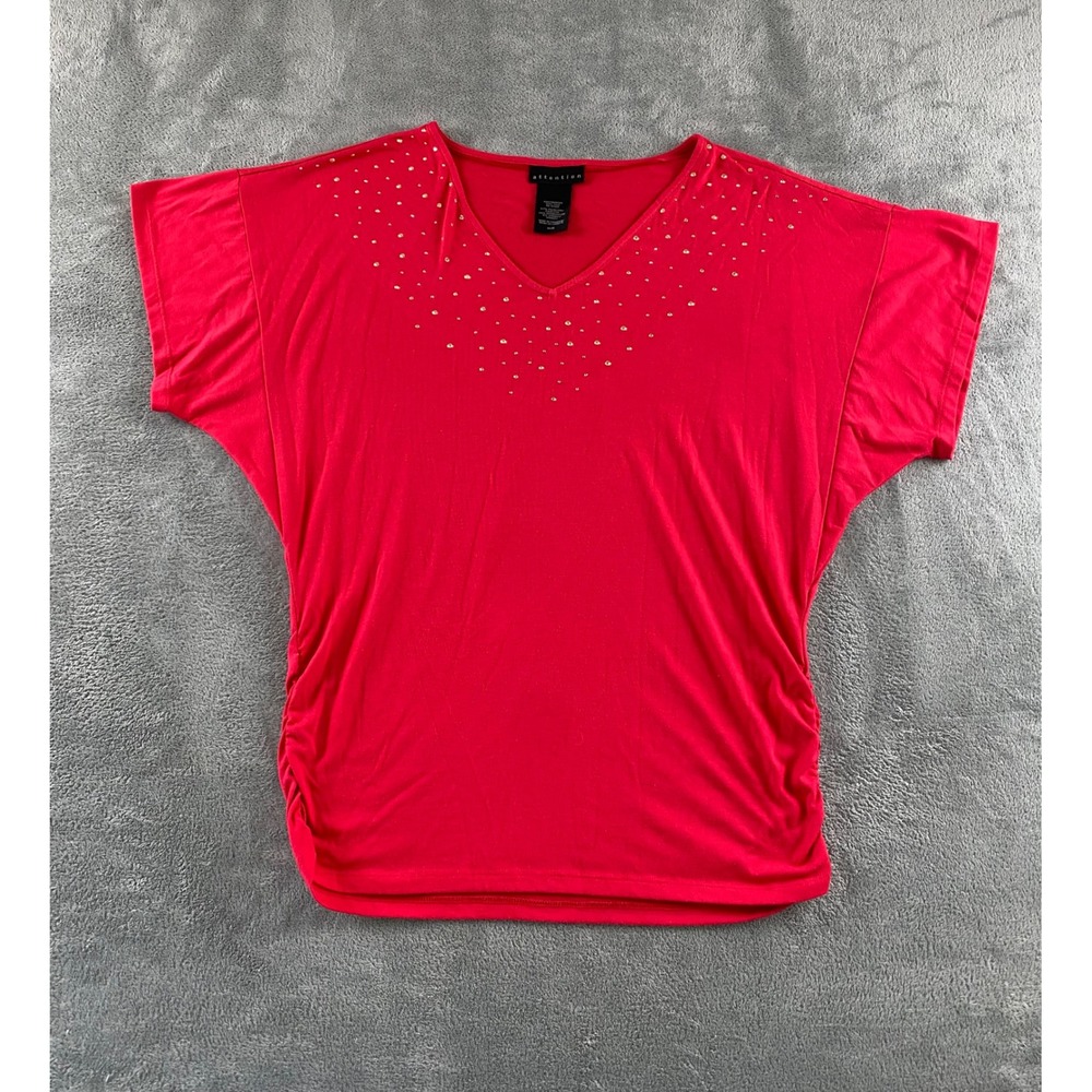 Attention Womens Red Studded V-Neck Dolman Short Sleeve Ruched Side Top Size M